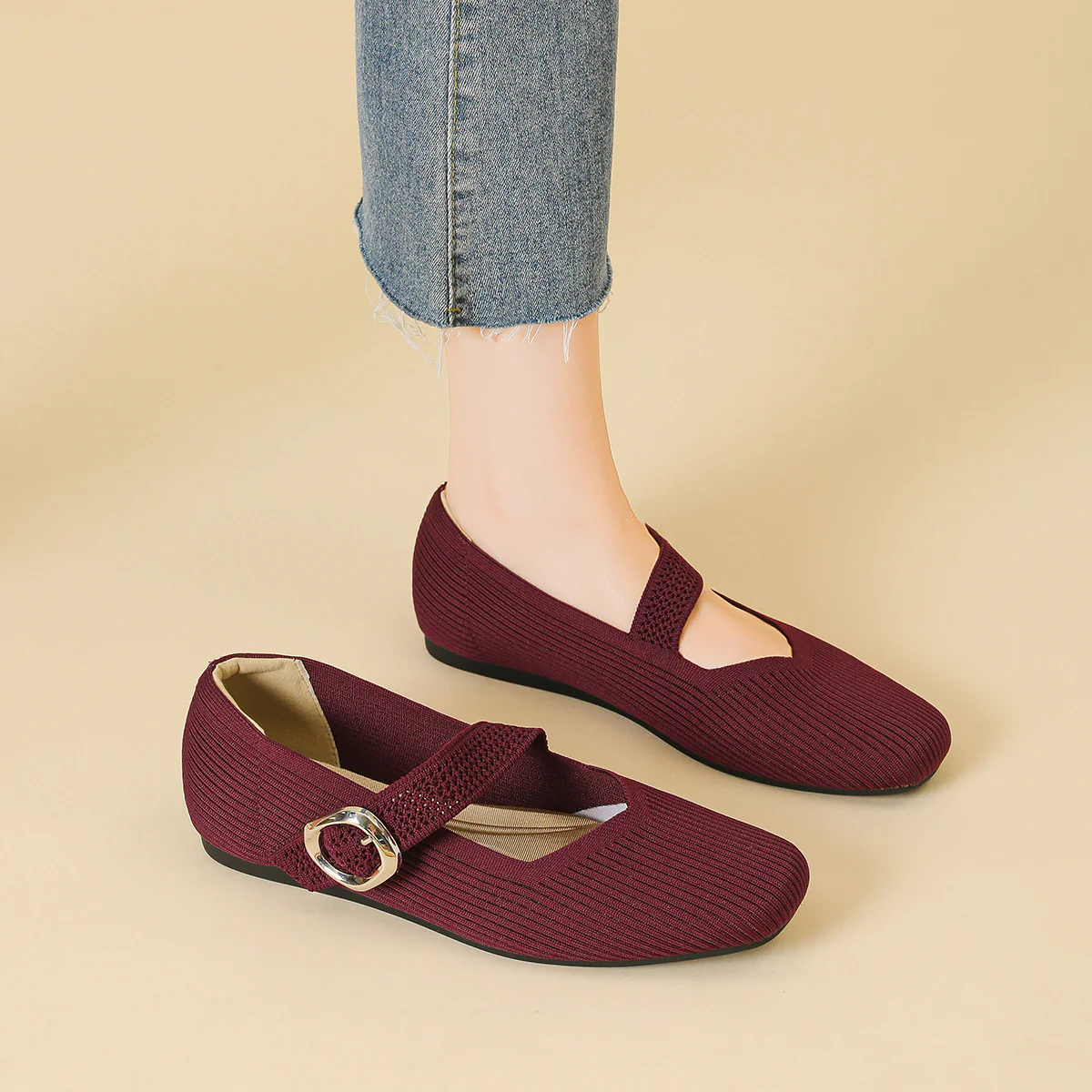Women's Orthopedic Mary Jane Flats | Square Toe Breathable Knit Shoes - Image 9